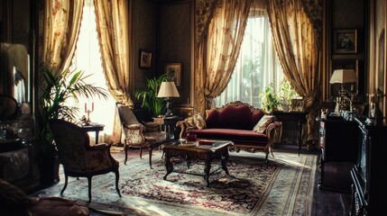 Fototapeta premium Elegant Victorian Living Room Sunlight Through Curtains