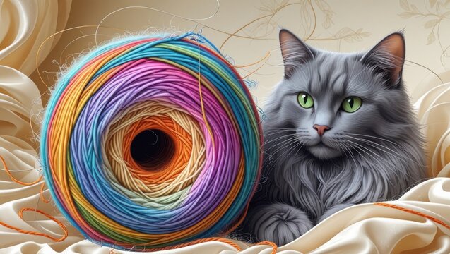 Yarn spool and cat.  Fluffy gray cat with vibrant green eyes resting beside a colorful ball of yarn on silky fabric background

