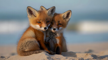 Fototapeta premium Wild baby red foxes cuddling on a beach in Nova Scotia, Canada.