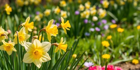 Obraz premium Vibrant daffodil flowers bloom in a vast field under the bright sun, floral, outdoors, bloom