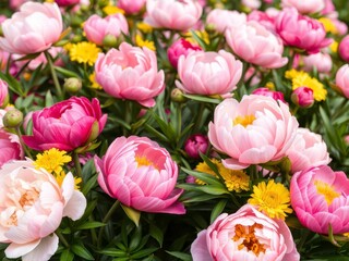 Obraz premium Vibrant pink peony flowers in full bloom creating a lush and beautiful background, petals, spring