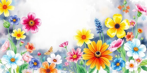 Fototapeta premium Vibrant watercolor illustration of various flowers and leaves, watercolor, colorful