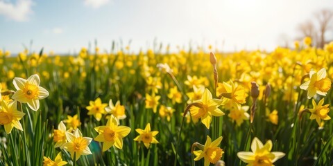 Fototapeta premium A beautiful field of yellow daffodil flowers under a clear blue sky, meadow, flowers, nature