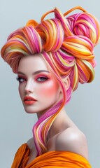 Naklejka premium Featuring a model with a whimsical, colorful hairstyle, this portrait emphasizes inventive beauty and artistic expression with its bright colors and striking makeup details.