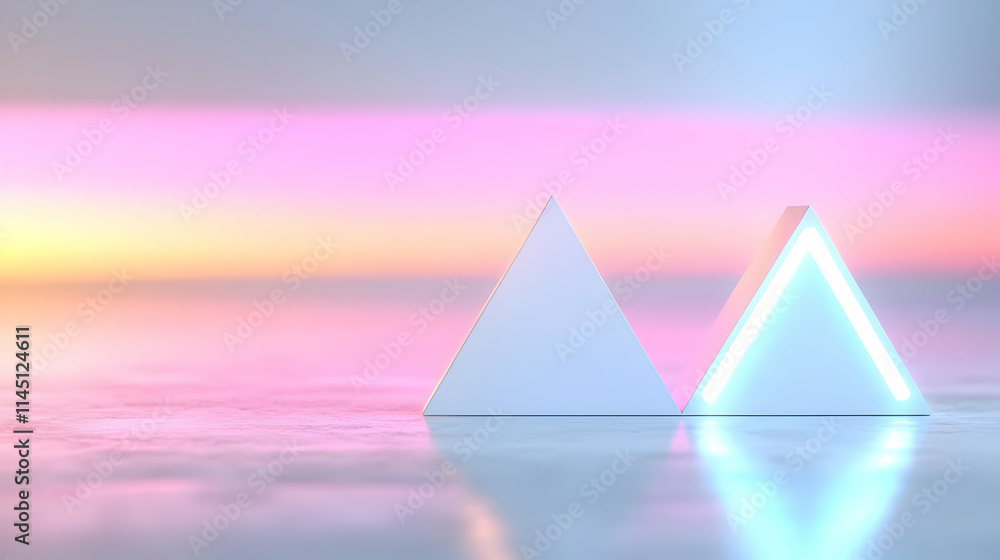 Poster triangular structures stand on a reflective surface with a pastel sunset sky background and modern d