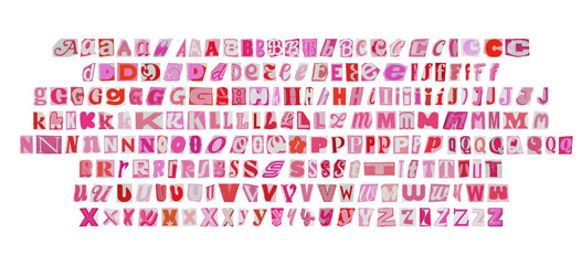 barbiecore big set of cut-out english png alphabet from magazines on a transparent background, cute retro y2k ransom style
