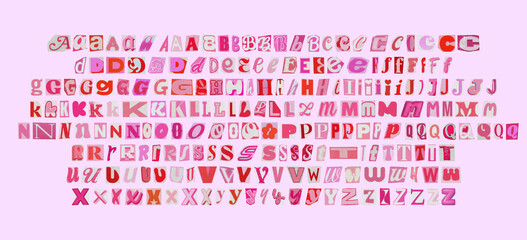 barbiecore big set of cut-out english alphabet from magazines on a pink background, cute retro y2k ransom style © BORT GRAPHIC