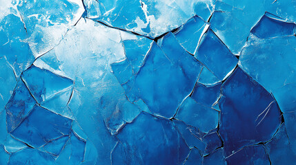Ice with cracks and breaks, damaged blue surface pattern, fractured frozen landscape with holes, textured winter background, glass effect on cold water.