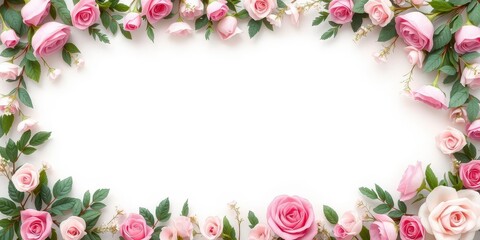 Rose flower with leaves creating a beautiful and elegant frame, botanical, pink