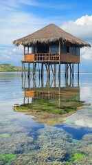 Fototapeta premium Overwater bungalow reflects in tranquil shallows.