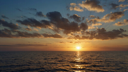 Fototapeta premium Sunrise in the Sea, Beautiful sunset over the sea with orange skies, clouds, and reflections on the water, Sunset in Ocean Background