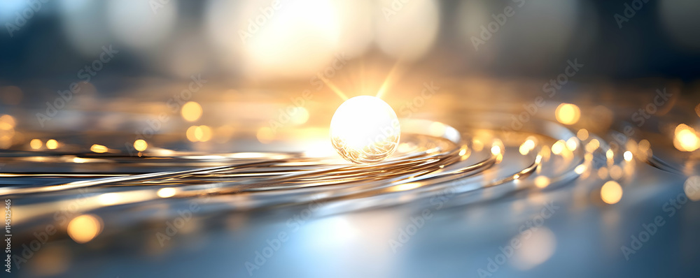 Poster golden sphere emits light on metallic rings with bokeh effect and gradient background: abstract art 