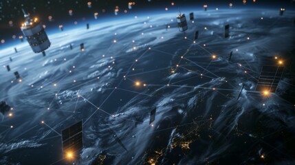 A satellite image of the Earth with many satellites in the sky