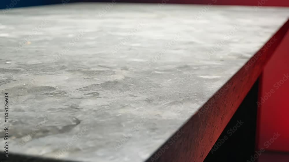 Poster camera rises to reveal a concrete table with vignette effect against a colored background, creating 