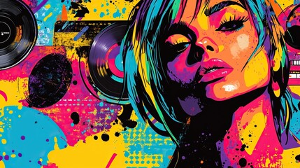 Vibrant pop art portrait of a woman with music elements.