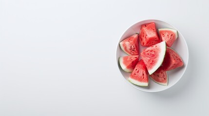 Bowl of fresh watermelon slices arranged on a white background, flat lay fruit photography, refreshing summer snack concept, minimalistic healthy eating design with copy space for text.

