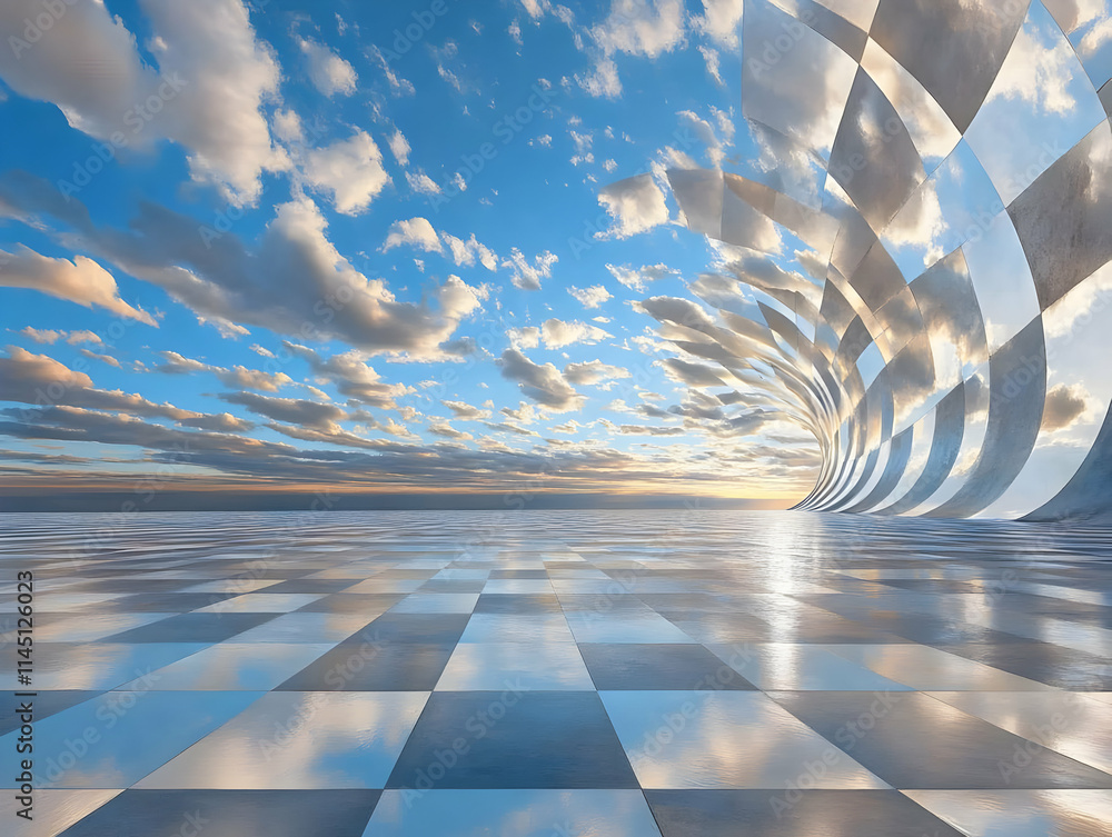 Poster checkerboard floor reflects the sky with clouds at sunset, checkerboard pattern extends into the sky
