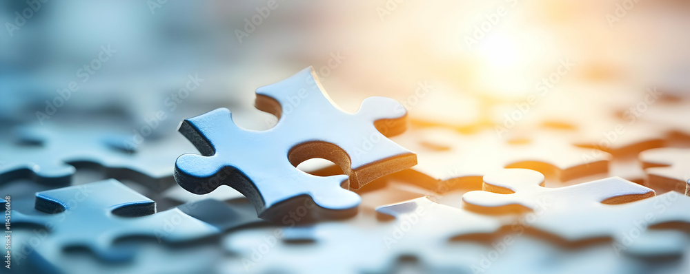 Poster single puzzle piece stands out from the crowd with sunlight, representing problem solving and critic