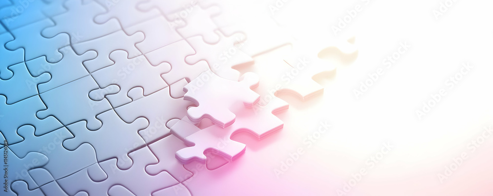 Poster white puzzle pieces connect with pastel gradient background, symbolize problem solving and teamwork