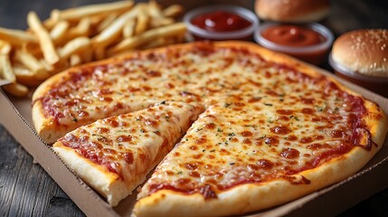 Close-up of a gooey cheese pizza slice being pulled from a box surrounded by fries burgers and dipping sauces on a rustic table