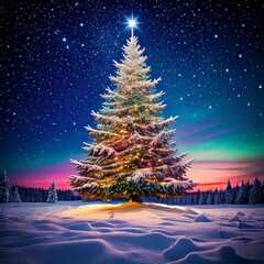 simple, single Christmas tree in a snowy field lit up in the night