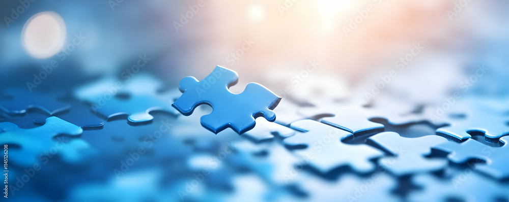 Poster puzzle piece floats above a sea of blue puzzle pieces with problem solving and teamwork title themes