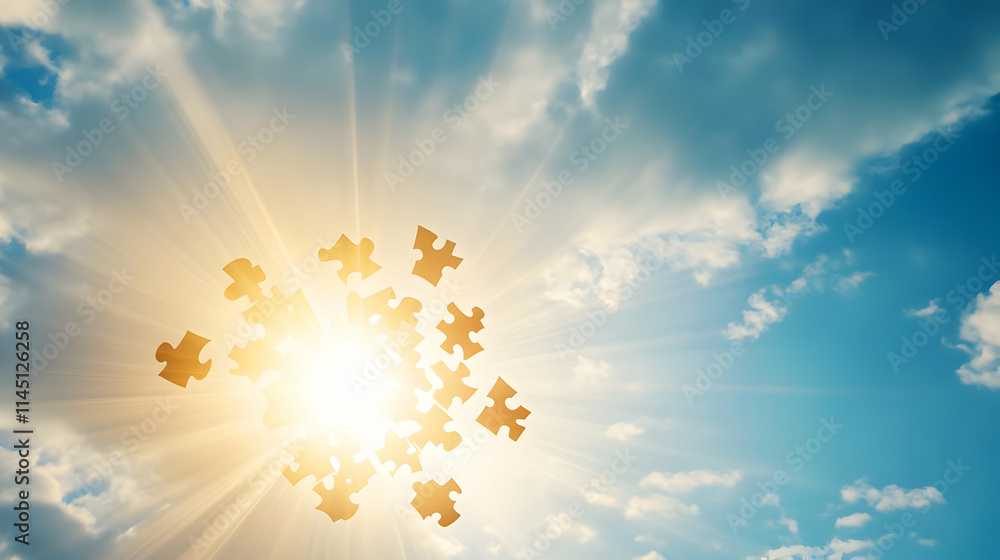 Poster puzzle pieces floating in the sky create a dreamlike atmosphere with sun rays and clouds.