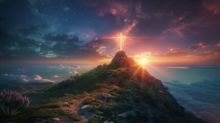 Fototapeta premium Radiant glowing cross on a hilltop during a tranquil sunset, surrounded by lush greenery and vibrant skies, symbolizing peace and spirituality.