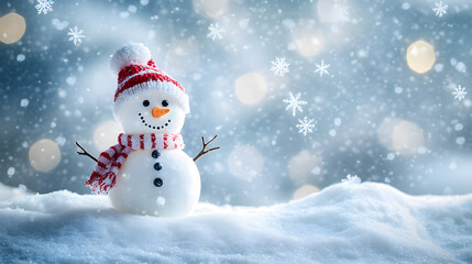 Fototapeta premium A winter background featuring a snowman amidst snowflakes.