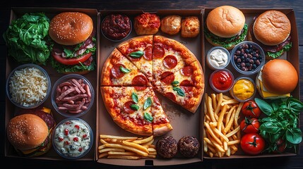 Fototapeta premium A pizza box with a slice being lifted surrounded by burgers fries and other takeout foods on a simple wooden table