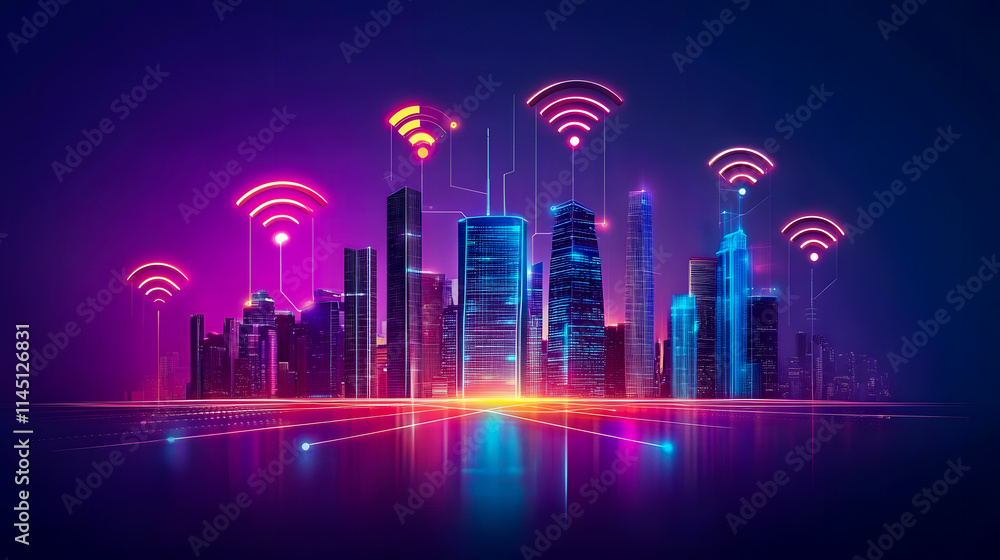 Poster wireless network and connection technology concept featuring an abstract bangkok cityscape.