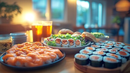A cozy living room table filled with assorted takeout food items including burgers pizza sushi rolls and beverages under soft warm light