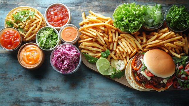 Overhead shot of colorful takeout food items including tacos burgers fries salads and beverages placed on a rustic table