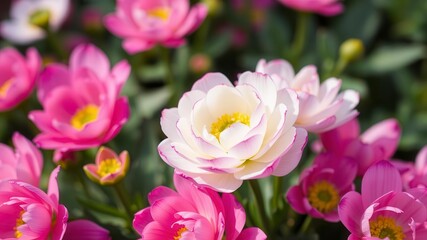 Fototapeta premium Vibrant pink and white ranunculus flowers blooming in a garden, white, petals, spring