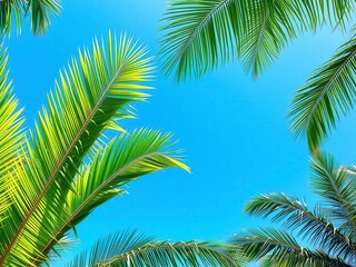 Fototapeta premium Vibrant green tropical palm leaves against a clear blue sky, clear blue sky, travel, nature