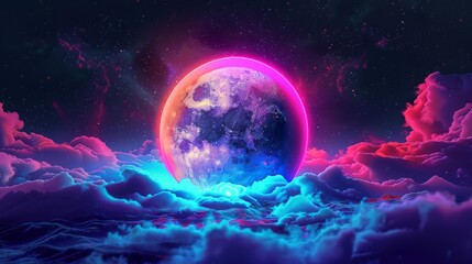 Obraz premium Vibrant full moon with neon aura illuminating the night sky surrounded by ethereal clouds and starry backdrop