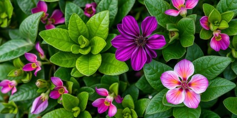 Vibrant purple flower petals and lush green leaves in a stunning display of nature's beauty, organic, lush, petals