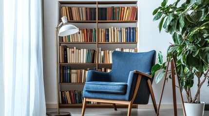 Fototapeta premium Cozy reading nook with blue armchair, bookshelf, and plant.