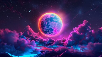 Vibrant full moon with neon aura illuminating the night sky surrounded by ethereal clouds and starry backdrop