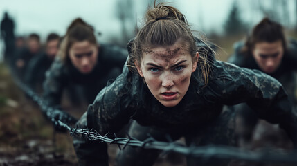 Female recruits crawling under barbed wire during a fitness test, showcasing determination, teamwork, and resilience in a military training exercise.