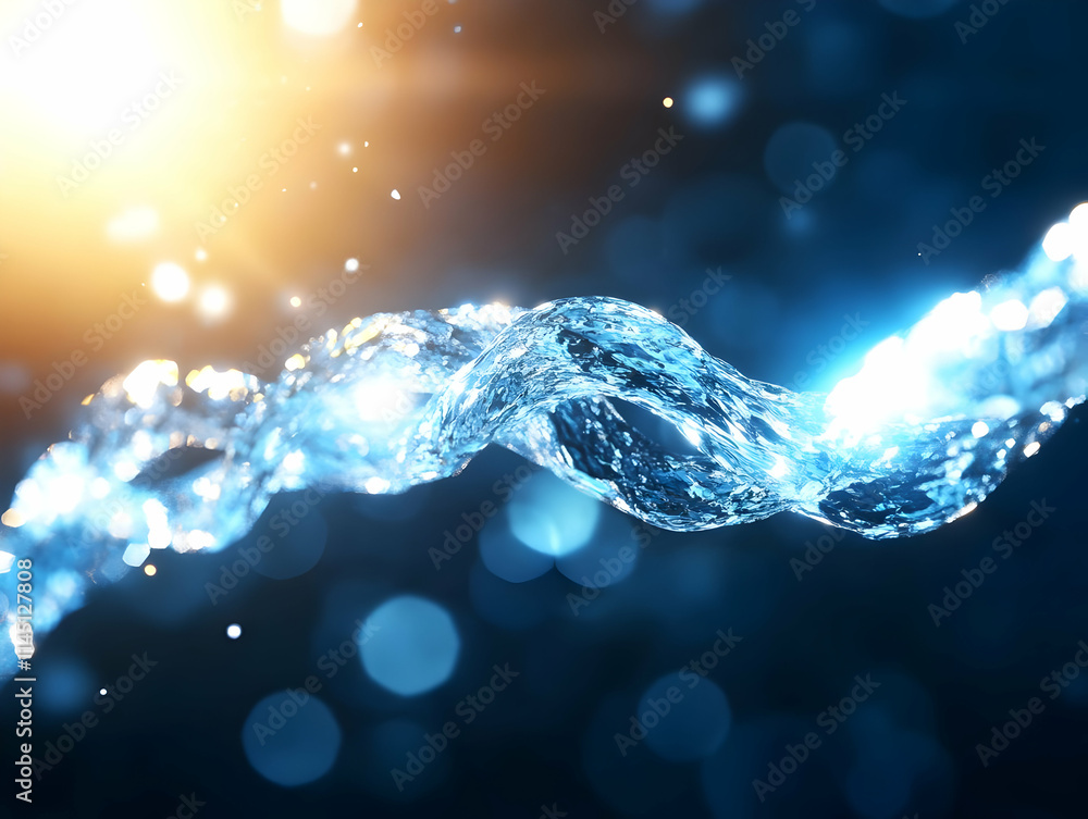 Poster clear water flowing smoothly with sunbeam reflection and bokeh effect, liquid motion background with