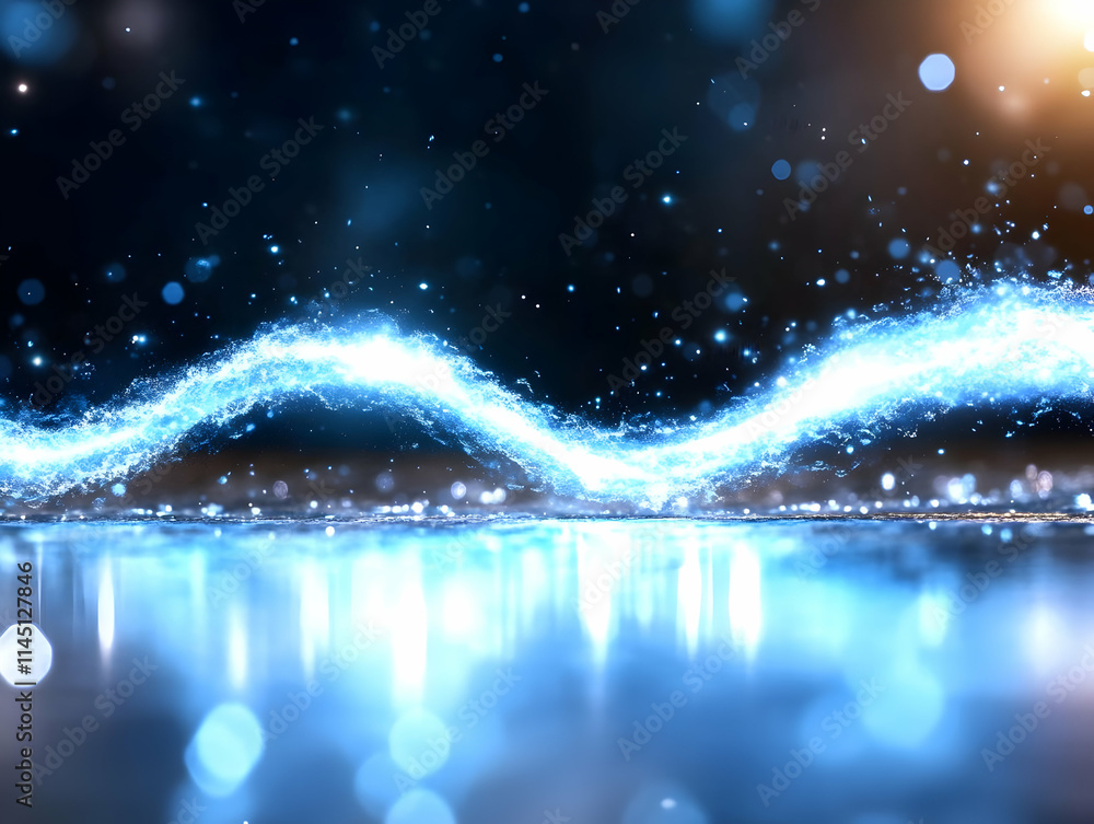 Poster blue wave flows smoothly across dark background with particle effects and light reflections, digital