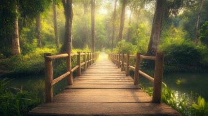 Obraz premium Serene Pathway Through Lush Green Forest with Sunlight Streaming and Gentle Reflections on Calm Water for Peaceful Nature Experience