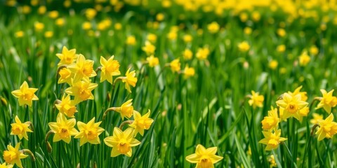 Vibrant yellow daffodil flowers blooming in a lush green field under the bright sun, green, flowers, daffodils