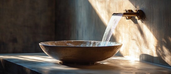 Water flows into a rustic bowl sink.