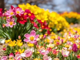 Fototapeta premium Vibrant yellow daffodil flowers blooming in a picturesque field, vibrant, colorful, spring