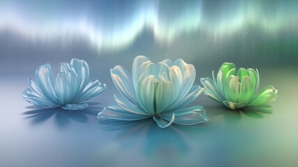 Fototapeta premium Dreamy 3D render of glowing flowers under a surreal aurora