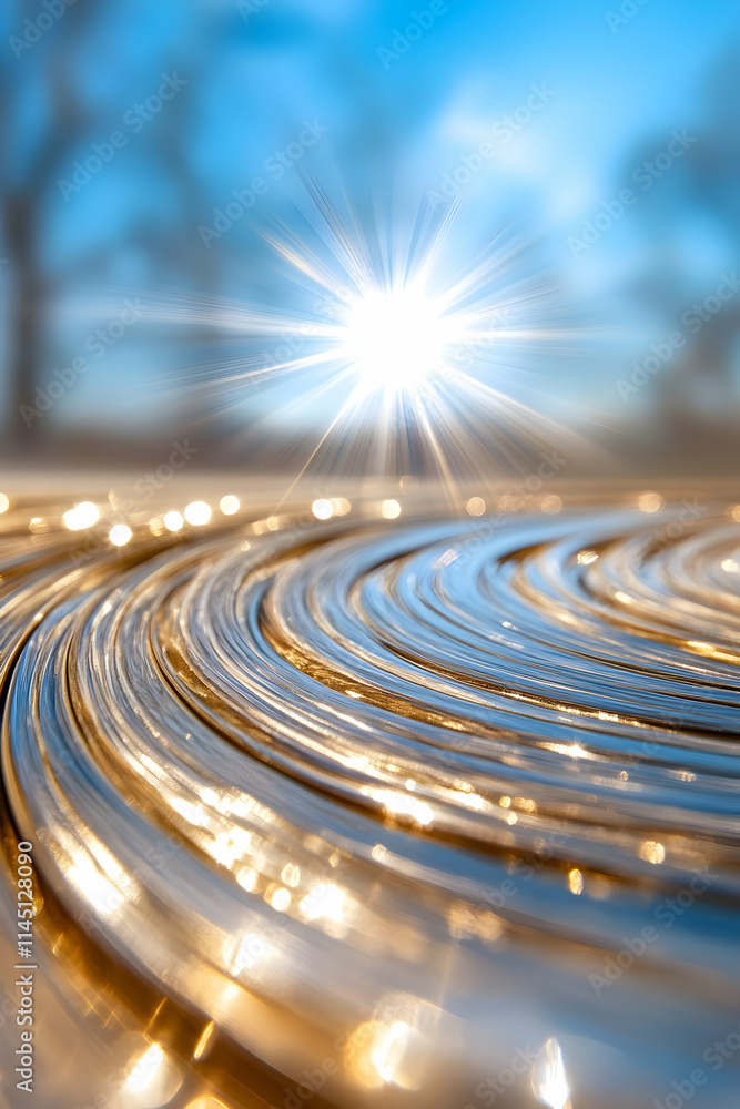 Poster sunlight reflecting on swirling metallic surface with sky background and glowing texture effects, ab