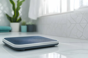 A sleek bathroom scale rests on a polished floor, lit by bright natural light from windows