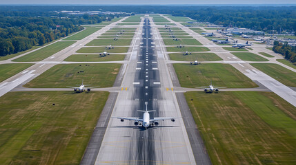 A wide-angle view of a busy airport runway filled with planes ready for takeoff, surrounded by lush greenery. Ideal for commercial aviation and travel themes.